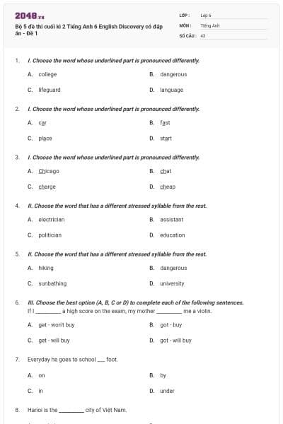 Bộ 5 đề thi cuối kì 2 Tiếng Anh 6 English Discovery có đáp án - Đề 1