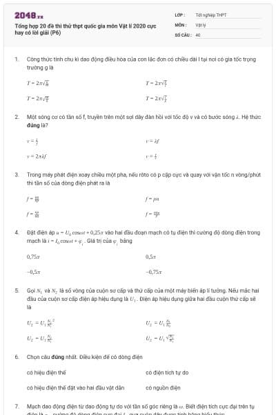 Tổng hợp 20 đề thi thử thpt quốc gia môn Vật lí 2020 cực hay có lời giải (P6)