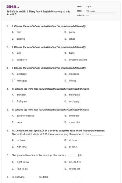 Bộ 5 đề thi cuối kì 2 Tiếng Anh 6 English Discovery có đáp án - Đề 5