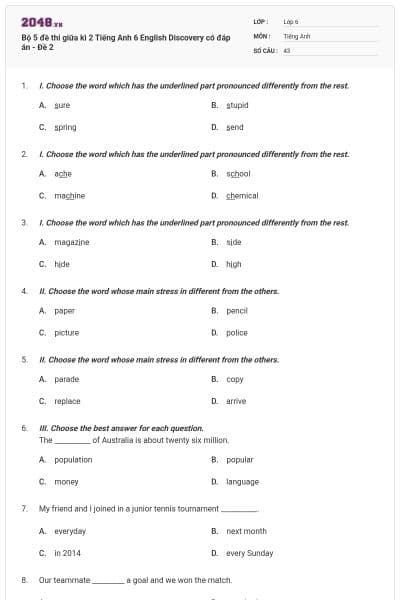 Bộ 5 đề thi giữa kì 2 Tiếng Anh 6 English Discovery có đáp án - Đề 2