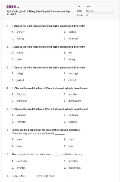 Bộ 5 đề thi giữa kì 2 Tiếng Anh 6 English Discovery có đáp án - Đề 3