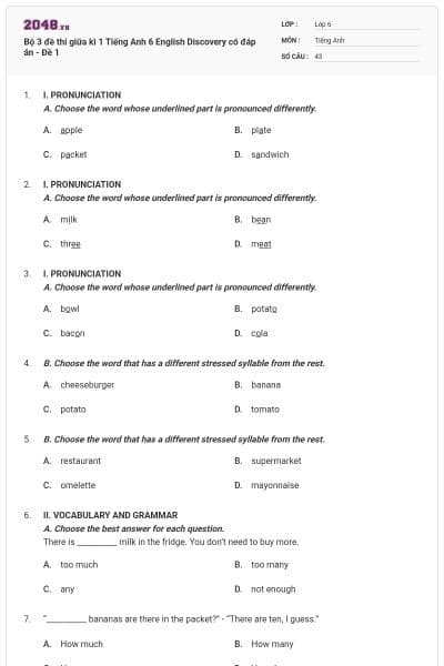 Bộ 3 đề thi giữa kì 1 Tiếng Anh 6 English Discovery có đáp án - Đề 1