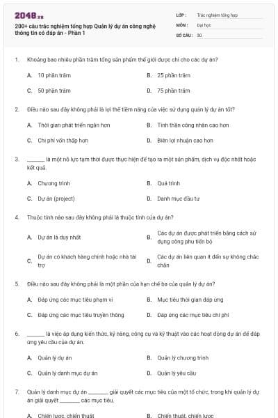 200+ câu trắc nghiệm tổng hợp Quản lý dự án công nghệ thông tin có đáp án - Phần 1