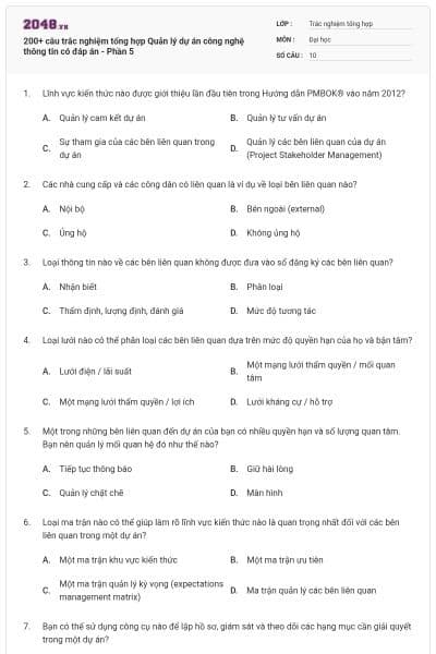 200+ câu trắc nghiệm tổng hợp Quản lý dự án công nghệ thông tin có đáp án - Phần 5