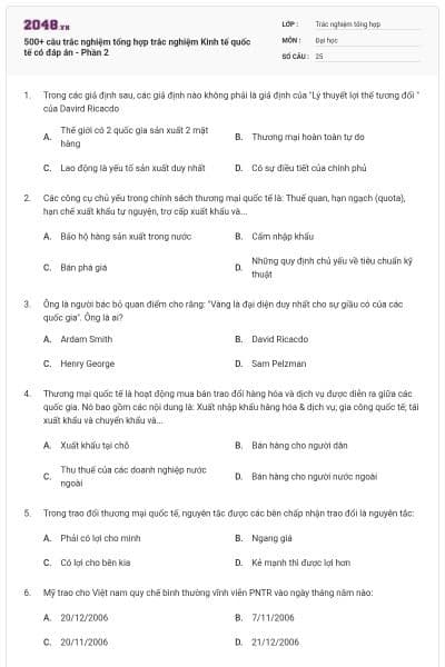 500+ câu trắc nghiệm tổng hợp trắc nghiệm Kinh tế quốc tế có đáp án - Phần 2