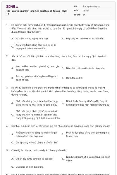 400+ câu trắc nghiệm tổng hợp Đấu thầu có đáp án - Phần 14