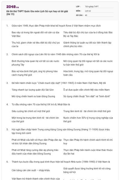 Đề thi thử THPT Quốc Gia môn Lịch Sử cực hay có lời giải (Đề 15)