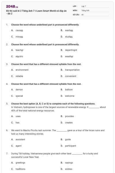 Đề thi cuối kì 2 Tiếng Anh 7 i-Learn Smart World có đáp án - Đề 2