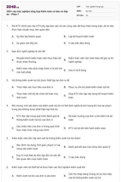 300+ câu trắc nghiệm tổng hợp Kiểm toán cơ bản có đáp án - Phần 7