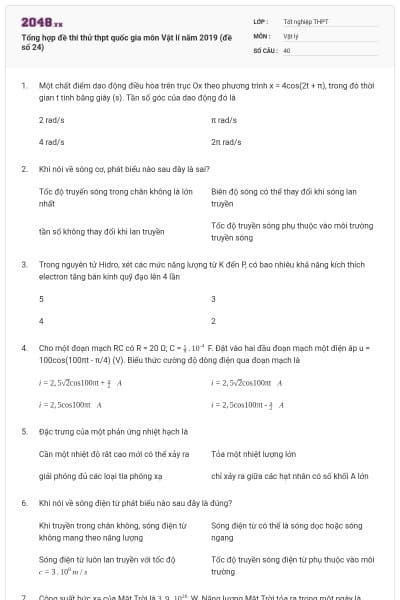 Tổng hợp đề thi thử thpt quốc gia môn Vật lí năm 2019 (đề số 24)
