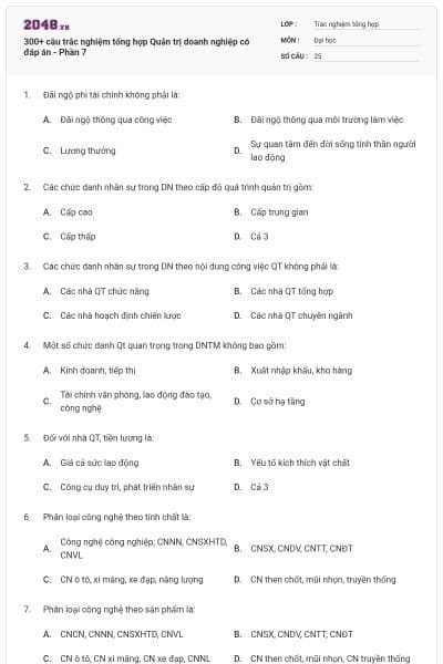 300+ câu trắc nghiệm tổng hợp Quản trị doanh nghiệp có đáp án - Phần 7