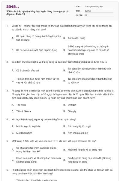 500+ câu trắc nghiệm tổng hợp Ngân hàng thương mại có đáp án - Phần 13