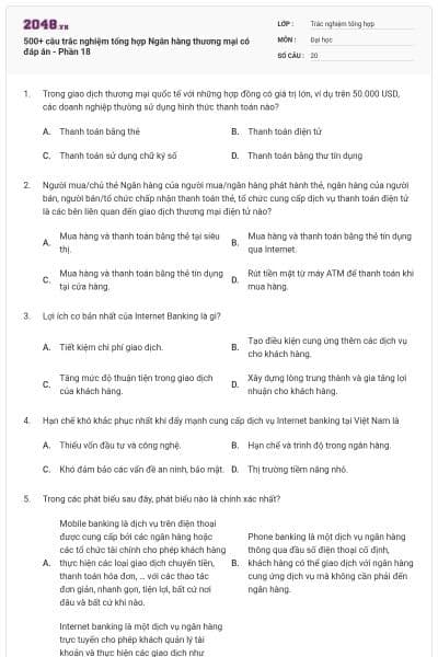 500+ câu trắc nghiệm tổng hợp Ngân hàng thương mại có đáp án - Phần 18