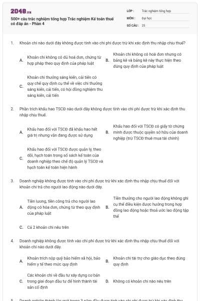 500+ câu trắc nghiệm tổng hợp Trắc nghiệm Kế toán thuế có đáp án - Phần 4