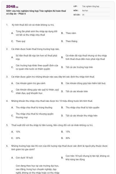 500+ câu trắc nghiệm tổng hợp Trắc nghiệm Kế toán thuế có đáp án - Phần 6