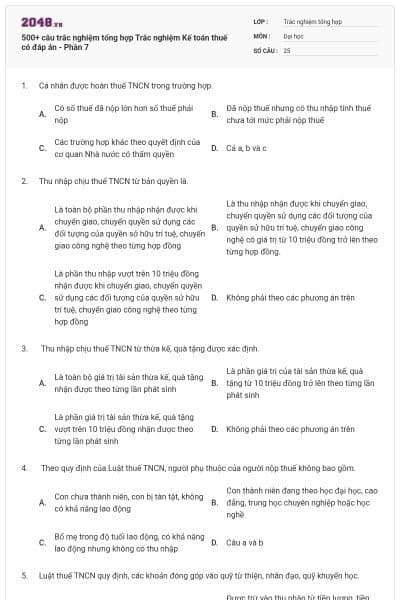 500+ câu trắc nghiệm tổng hợp Trắc nghiệm Kế toán thuế có đáp án - Phần 7