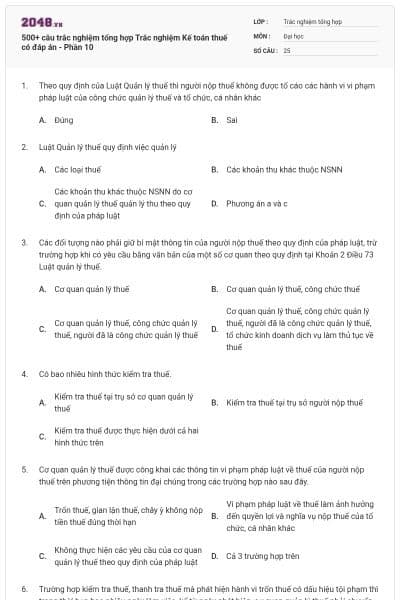500+ câu trắc nghiệm tổng hợp Trắc nghiệm Kế toán thuế có đáp án - Phần 10