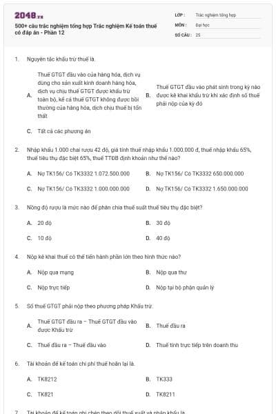 500+ câu trắc nghiệm tổng hợp Trắc nghiệm Kế toán thuế có đáp án - Phần 12