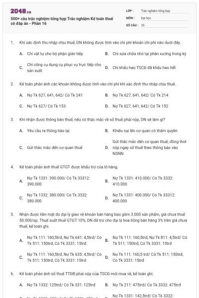 500+ câu trắc nghiệm tổng hợp Trắc nghiệm Kế toán thuế có đáp án - Phần 16