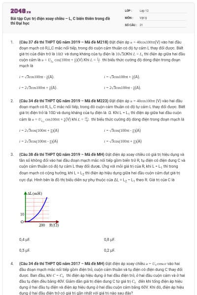 Bài tập Cực trị điện xoay chiều – L, C biến thiên trong đề thi Đại học