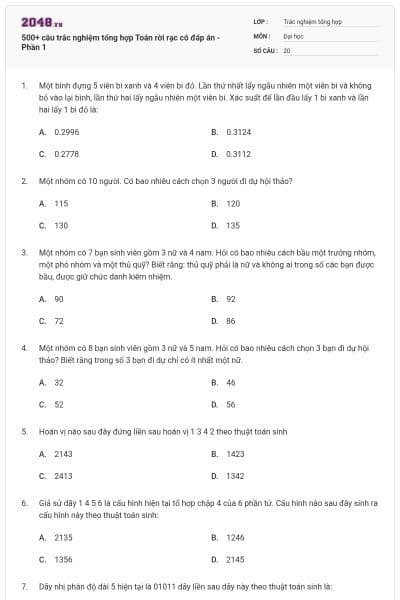 500+ câu trắc nghiệm tổng hợp Toán rời rạc có đáp án - Phần 1