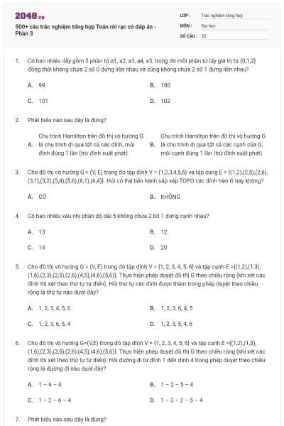 500+ câu trắc nghiệm tổng hợp Toán rời rạc có đáp án - Phần 3