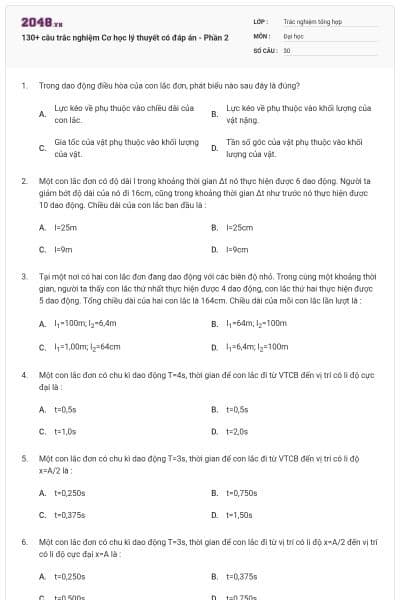 130+ câu trắc nghiệm Cơ học lý thuyết có đáp án - Phần 2