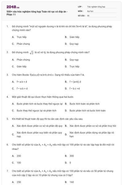 500+ câu trắc nghiệm tổng hợp Toán rời rạc có đáp án - Phần 11