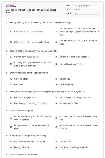 500+ câu trắc nghiệm tổng hợp Toán rời rạc có đáp án - Phần 17