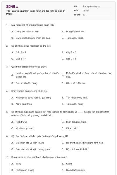 700+ câu trắc nghiệm Công nghệ chế tạo máy có đáp án - Phần 1