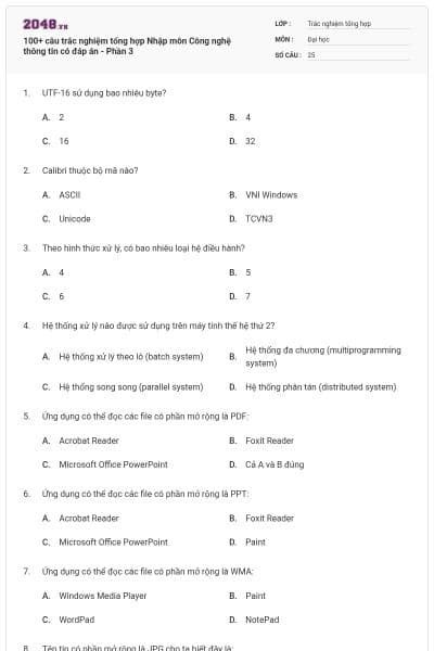 100+ câu trắc nghiệm tổng hợp Nhập môn Công nghệ thông tin có đáp án - Phần 3