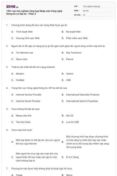 100+ câu trắc nghiệm tổng hợp Nhập môn Công nghệ thông tin có đáp án - Phần 4
