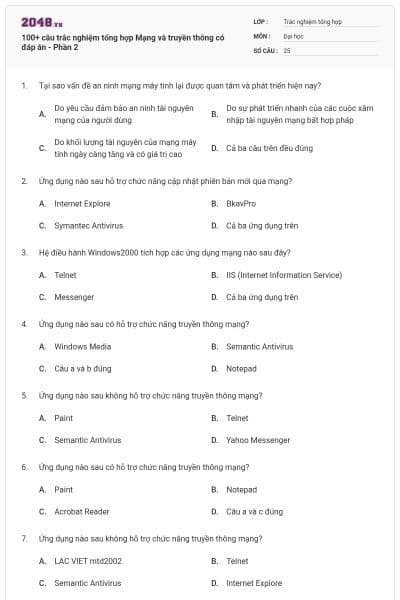 100+ câu trắc nghiệm tổng hợp Mạng và truyền thông có đáp án - Phần 2