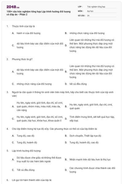 100+ câu trắc nghiệm tổng hợp Lập trình hướng đối tượng có đáp án - Phần 2
