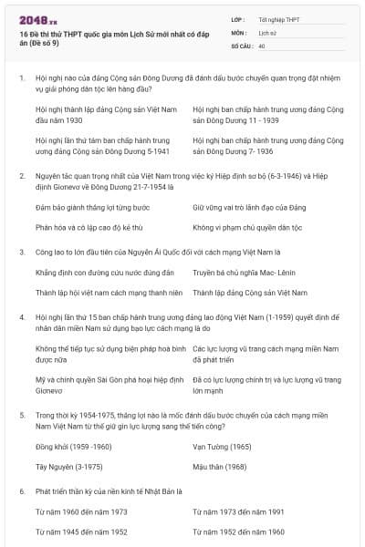 16 Đề thi thử THPT quốc gia môn Lịch Sử mới nhất có đáp án (Đề số 9)