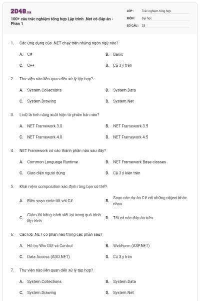 100+ câu trắc nghiệm tổng hợp Lập trình .Net có đáp án - Phần 1