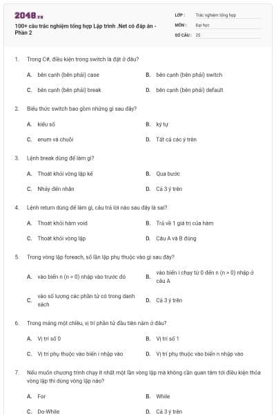 100+ câu trắc nghiệm tổng hợp Lập trình .Net có đáp án - Phần 2