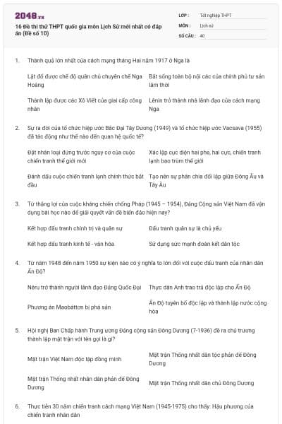16 Đề thi thử THPT quốc gia môn Lịch Sử mới nhất có đáp án (Đề số 10)