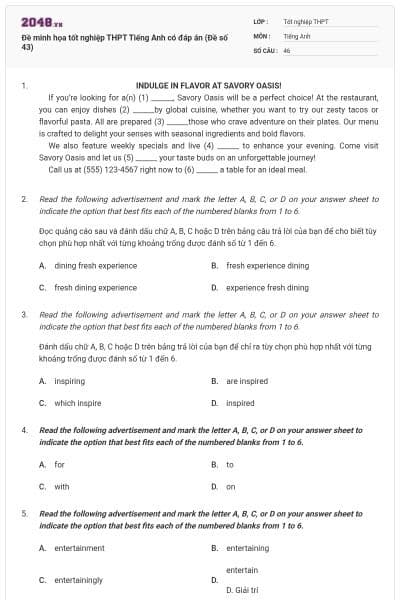 Đề minh họa tốt nghiệp THPT Tiếng Anh có đáp án (Đề số 43)