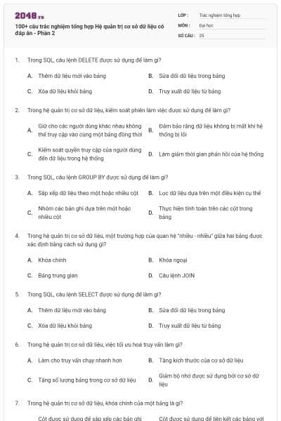 100+ câu trắc nghiệm tổng hợp Hệ quản trị cơ sở dữ liệu có đáp án - Phần 2