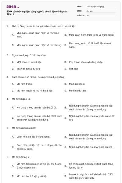 400+ câu trắc nghiệm tổng hợp Cơ sở dữ liệu có đáp án - Phần 4