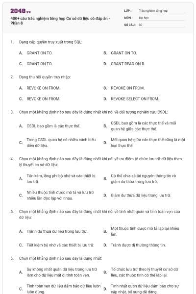 400+ câu trắc nghiệm tổng hợp Cơ sở dữ liệu có đáp án - Phần 8