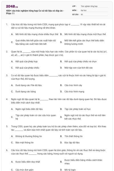 400+ câu trắc nghiệm tổng hợp Cơ sở dữ liệu có đáp án - Phần 11