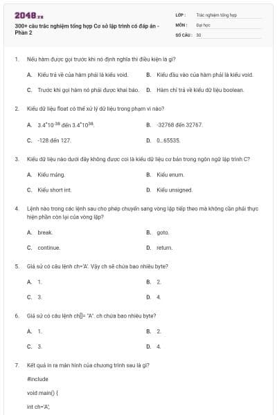 300+ câu trắc nghiệm tổng hợp Cơ sở lập trình có đáp án - Phần 2
