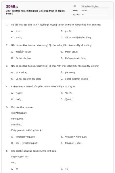 300+ câu trắc nghiệm tổng hợp Cơ sở lập trình có đáp án - Phần 3