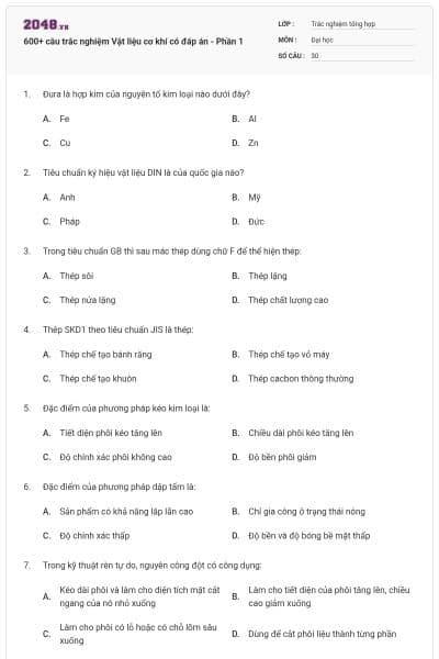 600+ câu trắc nghiệm Vật liệu cơ khí có đáp án - Phần 1