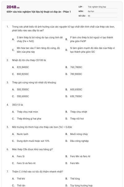 600+ câu trắc nghiệm Vật liệu kỹ thuật có đáp án - Phần 1