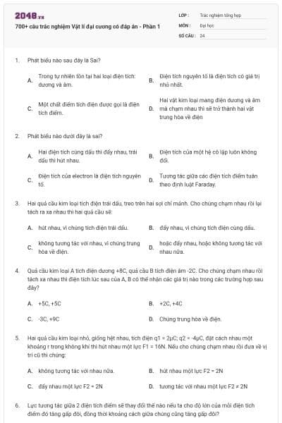 700+ câu trắc nghiệm Vật lí đại cương có đáp án - Phần 1