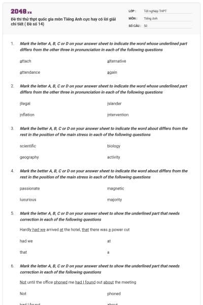Đề thi thử thpt quốc gia môn Tiếng Anh cực hay có lời giải chi tiết ( Đề số 14)