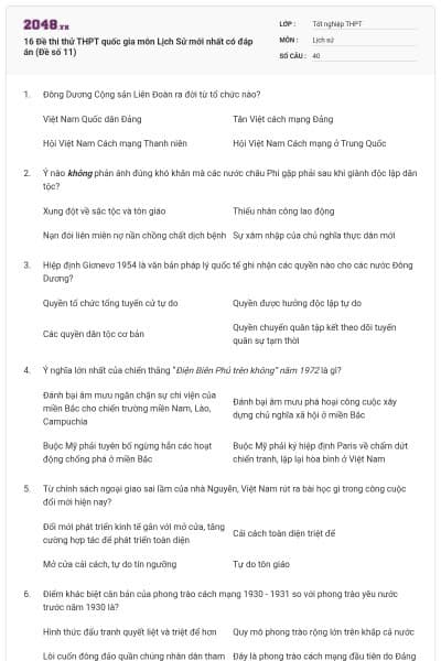 16 Đề thi thử THPT quốc gia môn Lịch Sử mới nhất có đáp án (Đề số 11)